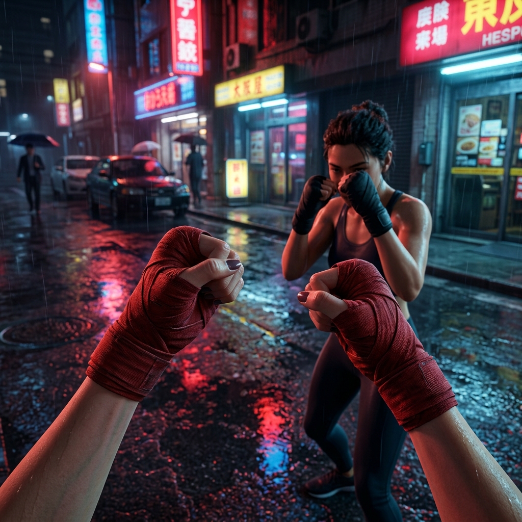 First-person view, sparring guard up in a neon street