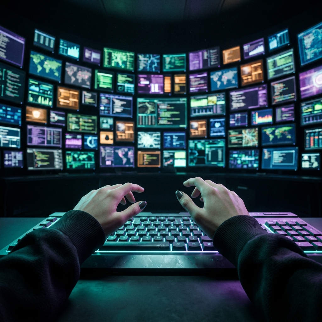 First-person view of an operations wall of screens