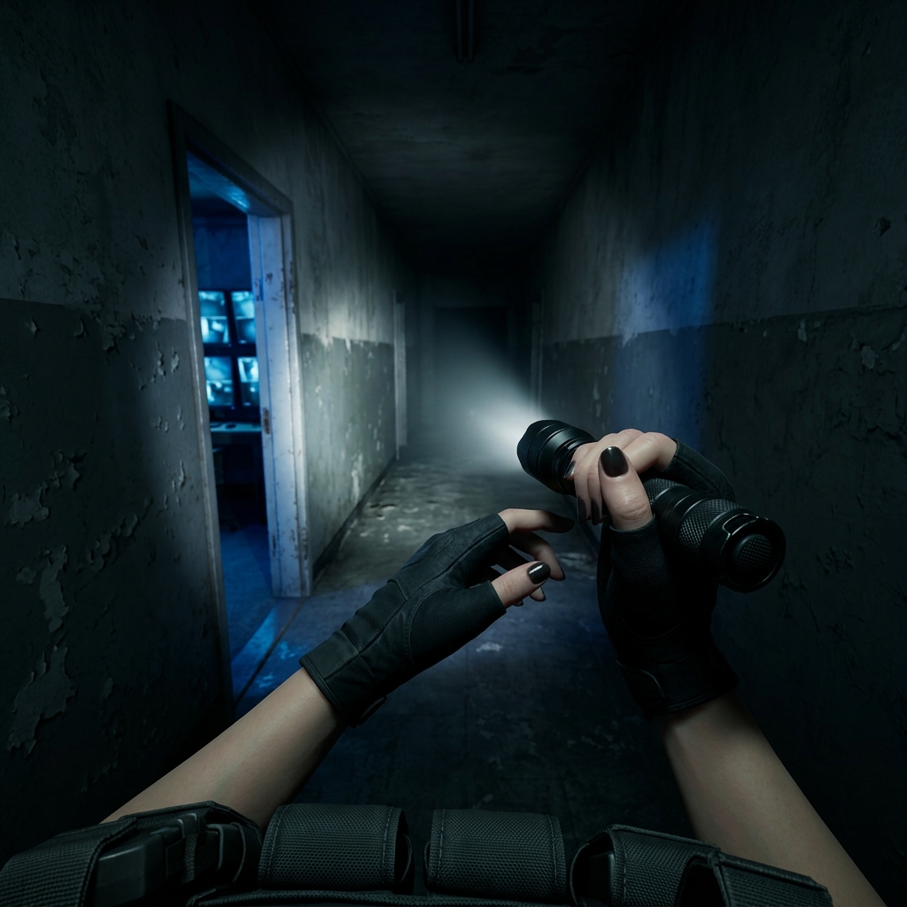 First-person night patrol with a tactical flashlight